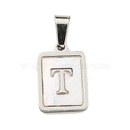 304 Stainless Steel Pave Natural White Shell Pendants, Rectangle with Letter Charms, Stainless Steel Color, Letter T, 17.5x12x1.5mm, Hole: 6x3mm(STAS-S130-03P-T)