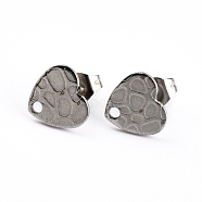 304 Stainless Steel Stud Earring Findings, with Ear Nuts/Earring Backs and Hole, Heart Shape with Textured, Stainless Steel Color, 8.4x9x1mm, Pin: 0.8mm(EJEW-O104-06P)