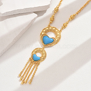 Fashionable Vintage Brass & Resin Imitation Gemstone Tassel Star Ring & Heart Pendant Necklaces for Women, Deep Sky Blue, Real 18K Gold Plated, 20.67 inch(52.5cm)(FQ7725-6)