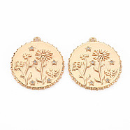 Brass Micro Pave Clear Cubic Zirconia Pendants, Nickel Free, Flat Round with Dandelion, Real 18K Gold Plated, 23x21x2mm, Hole: 1.5mm(KK-S364-197)