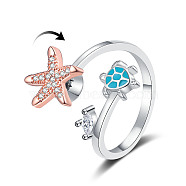 Turtle & Starfish Enamel Rotatable Cuff Rings for Women, Brass Cubic Zirconia Fidget Spinner Rings for Calming Worry Meditation, Platinum, Inner Diameter: 17mm(RJEW-M016-08P)