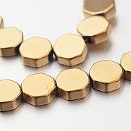 Electroplate Non-magnetic Synthetic Hematite Bead Strands, Octagon, Golden Plated, 6x6x2mm, Hole: 1mm, about 67pcs/strand, 15.7 inch(G-F300-59-03)
