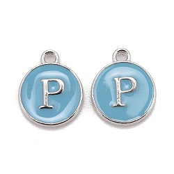 Platinum Plated Alloy Enamel Charms, Cadmium Free & Lead Free, Enamelled Sequins, Flat Round with Letter, Letter.P, 14x12x2mm, Hole: 1.5mm(X-ENAM-S118-04P-P)