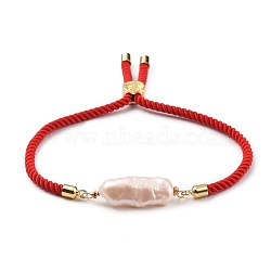 Adjustable Nylon Twisted Cord Slider Bracelets, Link Bracelets, with Natural Baroque Pearl Keshi Pearl Beads and Tree of Life Brass Beads, Red, Inner Diameter: 2-1/2 inch(6.5cm)(BJEW-JB05322-01)