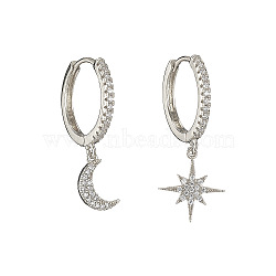 Clear Cubic Zirconia Star & Moon Asymmetrical Earrings, Brass Dangle Hoop Earrings for Women, Platinum, 29~33x17.5x2mm(MOST-PW0001-064P)