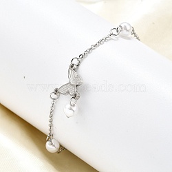 304 Stainless Steel Butterfly Link Bracelets, Cable Chain Jewelry for Women, with Plastic Imitation Pearl Beads, Stainless Steel Color, 5-5/8 inch(14.2cm)(BJEW-C098-01A-P)