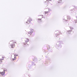 Transparent Glass Beads Strands, Top Drilled Beads, AB Color Plated, Faceted Teardrop, Pink, Teardrop: 9.5x8mm, Hole: 0.8mm, Beads: 3~4x2.5~3.5mm, about 100pcs/strand, 23.62 inch(60cm)(X-GLAA-T006-14G)
