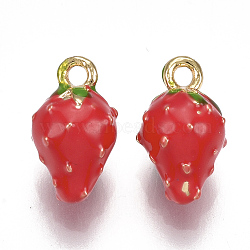 Brass Charms, with Enamel, Strawberry, Red, Nickel Free, Real 18K Gold Plated, 11.5x7x7mm, Hole: 1.4mm(X-KK-S350-170G)
