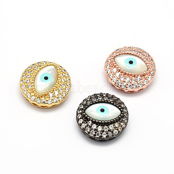 Flat Round Brass Micro Pave Cubic Zirconia Beads, with Eye Shell Beads, Cadmium Free & Nickel Free & Lead Free, Clear, Mixed Color, 15x6~7mm, Hole: 1mm(ZIRC-E010-08)