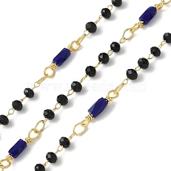 Brass Link Chains, with Glass Beads, Ion Plating(IP), Soldered, Real 18K Gold Plated, with Spool, Blue, 13.5x3mm, 10m/roll.(CHC-C009-01G-03)