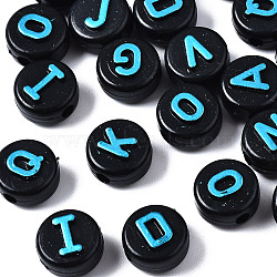 Opaque Black Acrylic Beads, Flat Round with Random Letters, Deep Sky Blue, 9.5x6mm, Hole: 2mm, about 1550pcs/500g(MACR-Q242-009B)