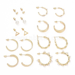 Ring & Triangle & Round Stud Earrings, Resin Pearl Beads Half Hoop Earrings, Open Hoop Earrings for Women, Golden, 6~36x3~12mm, Pin: 0.8~0.9mm, 9 pairs/set(EJEW-D227-04G)