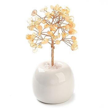 Natural Citrine Chips Tree of Life Decorations, Round Porcelain Base with Copper Wire Feng Shui Energy Stone Gift for Home Office Desktop Decoration, 57x113~129mm