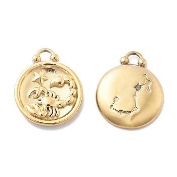 PVD Vacuum Plating 304 Stainless Steel Rhinestone Pendants, Flat Round with Constellations Charm, Real 18K Gold Plated, Scorpio, 20.5x16.5x3.5mm, Hole: 2.5mm