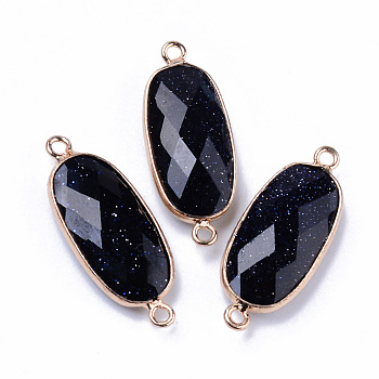 Natural Blue Goldstone Links Connectors, with Light Gold Plated Edge Brass Loops, Oval, Faceted, 27x11x5.5mm, Hole: 2mm