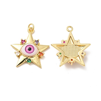Brass Micro Pave Colorful Cubic Zirconia Pendants, with Resin, Real 18K Gold Plated, Star with Evil Eye, Hot Pink, 32x29.5x7mm, Jump Ring: 6x1mm, Inner Diameter: 4mm