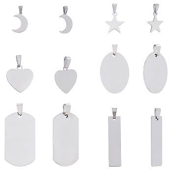 Unicraftale 304 Stainless Steel Pendants, Blank Stamping Tags, Mixed Shapes, Stainless Steel Color, 12pcs/box