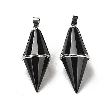 Natural Obsidian Pointed Pendants, Faceted Bicone Bullet Charms with Rack Plating Platinum Plated Brass Findings, Cadmium Free & Lead Free, 42.5~43x17~18mm, Hole: 4x5.5mm