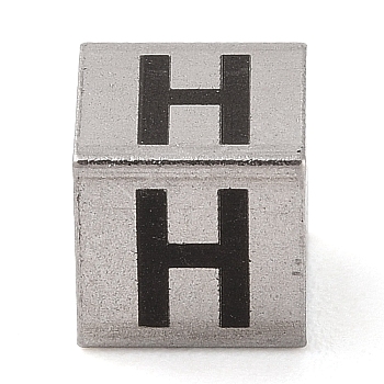 Tarnish Resistant 201 Stainless Steel European Beads, Large Hole Beads, Cube with English Letter, Stainless Steel Color, Letter H, 7x7x7mm, Hole: 5mm