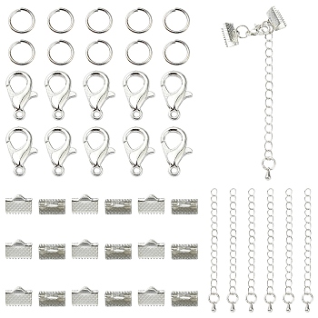 50 Pieces DIY Ribbon Ends Making Kits, Including Iron Ribbon Crimp Ends & Unsoldered Jump Rings, Zinc Alloy Lobster Claw Clasps, Brass Chain Extenders, Platinum, 7x10mm