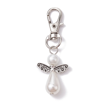 Angel ABS Plastic Imitation Pearl Pendant Decorations, with Alloy Swivel Lobster Claw Clasps, White, 63.5mm