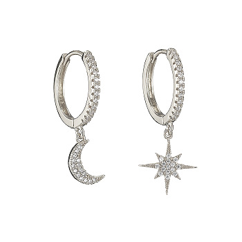 Clear Cubic Zirconia Star & Moon Asymmetrical Earrings, Brass Dangle Hoop Earrings for Women, Platinum, 29~33x17.5x2mm
