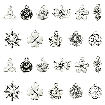 66Pcs 11 Styles Tibetan Style Alloy Pendants, Flower, Cadmium Free & Lead Free, Antique Silver, 16~28.5x13~23x2~3mm, Hole: 1.8mm, 6pcs/style