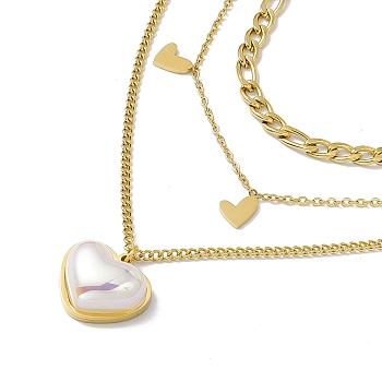 Plastic Pearl Heart Charms Triple Layered Necklace, Ion Plating(IP) 304 Stainless Steel Jewelry for Women, Golden, 15.16 inch(38.5cm)