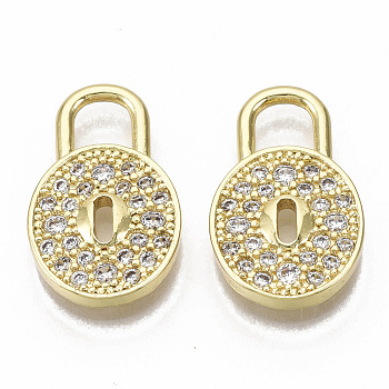 Brass Micro Pave Cubic Zirconia Pendants, Nickel Free, Oval Lock, Clear, Real 16K Gold Plated, 19x11.5x2.5mm, Hole: 4x4mm