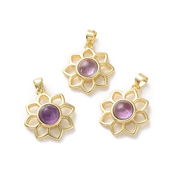 Natural Amethyst Pendants, Rack Plating Golden Tone Brass Charms, Long-Lasting Plated, Lead Free & Cadmium Free, Flower, 18x16x5~5.5mm, Hole: 3.5x3mm