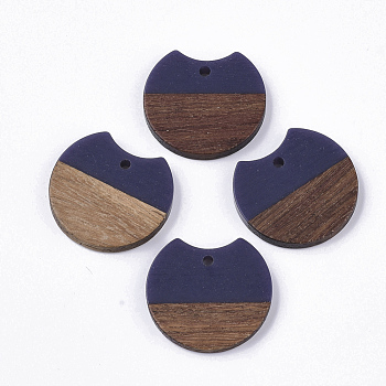 Resin & Walnut Wood Pendants, Gap Flat Round, Prussian Blue, 23x24.5x3.5mm, Hole: 2mm