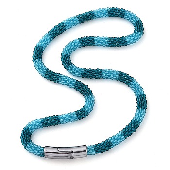 Glass Crochet Beaded Necklace, Fashion Nepal Necklace with Alloy Magnetic Clasps, Light Sky Blue, 17.87 inch(45.4cm)
