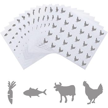 80 Sheets 4 Styles Paper Self Adhesive Stickers, Cartoon Decals for Scrapbooking Making, Cow & Carrot & Fish & Rooster Pattern, Silver, 90~100x76~80x0.1~0.2mm, Sticker: 12x12mm, 20 sheets/style