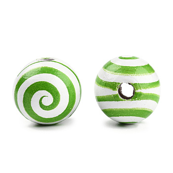 Spray Painted Wood Beads, Printed Beads, Round, Lime Green, 15~16x14~15mm, Hole: 3~4mm