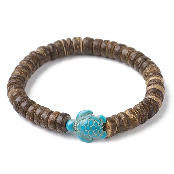 Natural Coconut Disc & Synthetic Turquoise Turtle Beaded Stretch Bracelet, Inner Diameter: 2-1/8 inch(5.5cm)