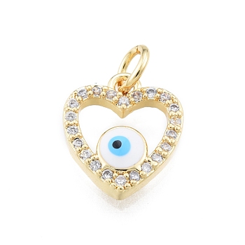 Brass Micro Pave Clear Cubic Zirconia Charms, with Enamel and Jump Rings, Golden, Heart with Evil Eye, White, 13x11x3mm, Hole: 3mm