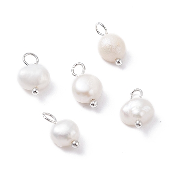 Natural Cultured Freshwater Pearl Charms, with Platinum Brass Ball Head pins, Oval, White, 10~12x6.5~8x4~5.5mm, Hole: 2.3~2.6mm