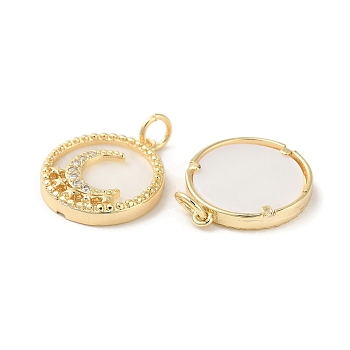 Natural White Shell Flat Round Pendants, Brass Micro Pave Clear Cubic Zirconia Moon Charms, Real 18K Gold Plated, 18x16x3mm, Hole: 3.5mm