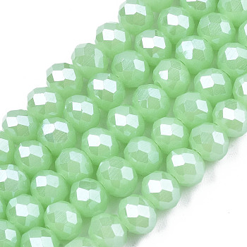 Electroplate Glass Beads Strands, Imitation Jade Beads, Pearl Luster Plated, Faceted, Rondelle, Light Green, 6x5mm, Hole: 1mm, about 83~85pcs/strand, 38~39cm