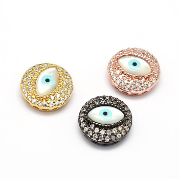 Flat Round Brass Micro Pave Cubic Zirconia Beads, with Eye Shell Beads, Cadmium Free & Nickel Free & Lead Free, Clear, Mixed Color, 15x6~7mm, Hole: 1mm