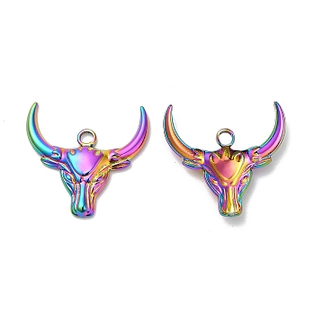 304 Stainless Steel Pendants, Cattle Head Charm, Rainbow Color, 24x25x3mm, Hole: 3mm