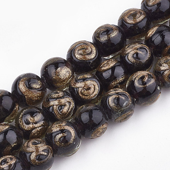 Handmade Gold Sand Lampwork Beads, Round, Black, 10~11x9~9.5mm, Hole: 1.5~2mm
