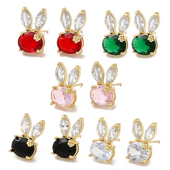 Rack Plating Real 18K Gold Plated Brass Rabbit Stud Earrings, with Glass, Long-Lasting Plated, Lead Free & Cadmium Free, Mixed Color, 17x10mm