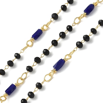 Brass Link Chains, with Glass Beads, Ion Plating(IP), Soldered, Real 18K Gold Plated, with Spool, Blue, 13.5x3mm, 10m/roll.