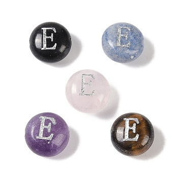 Natural Mixed Gemstone Beads, Flat Round with Letter, Letter E, 8.5~9x5~5.5mm, Hole: 1.2mm