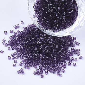 Glass Cylinder Beads, Seed Beads, Transparent Colours, Round Hole, Purple, 1.5~2x1~2mm, Hole: 0.8mm, about 8000pcs/bag, about 85~95g/bag