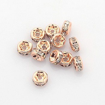 Brass Rhinestone Spacer Beads, Grade AAA, Straight Flange, Nickel Free, Rose Gold, Rondelle, Crystal, 5x2.5mm