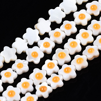 Natural Freshwater Shell Beads Strands, Single Side with Enamel, Flower, Orange, 6.5~7x6.5~7x3mm, Hole: 0.7mm, about 56~63pcs/strand, 13.62 inch~15.55 inch(34.6~39.5cm)