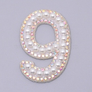 Imitation Pearls Patches, Iron/Sew on Appliques, with Glitter Rhinestone, Costume Accessories, for Clothes, Bag Pants, Number, Num.9, 44.5x29.5x4.5mm(DIY-WH0190-89G)