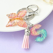 Resin & Acrylic Keychains, with Alloy Split Key Rings and Faux Suede Tassel Pendants, Letter & Butterfly, Letter S, 8.6cm(KEYC-YW00002-19)